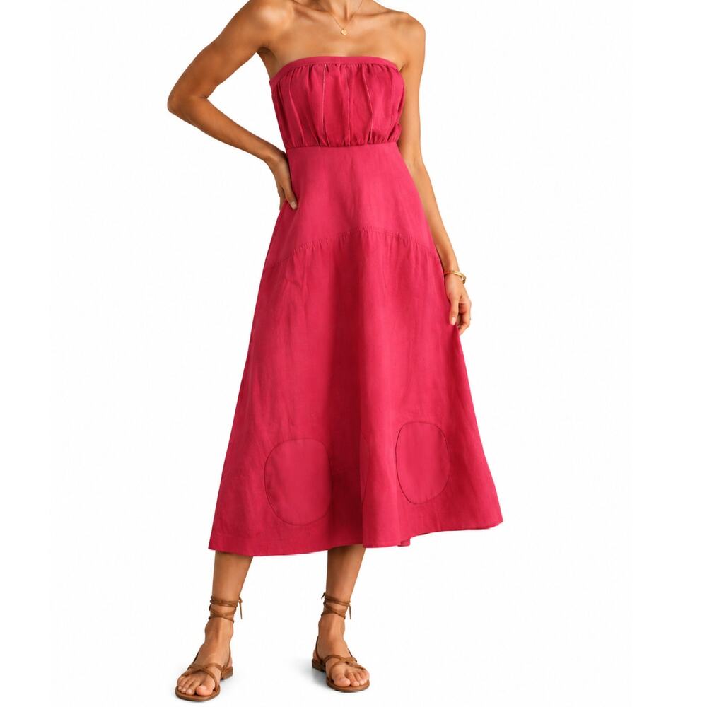 Filly Strapless Linen Blend Midi Dress Raspbery Boho Sundress XS